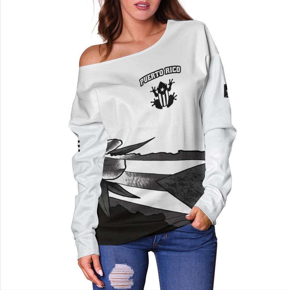 Puerto Rico Off Shoulder Sweatshirt Coqui Frog Puerto Rican Flag Tropical Floral Boricua Pride