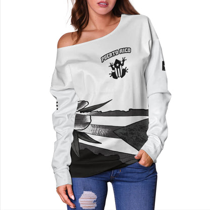 Puerto Rico Off Shoulder Sweatshirt Coqui Frog Puerto Rican Flag Tropical Floral Boricua Pride