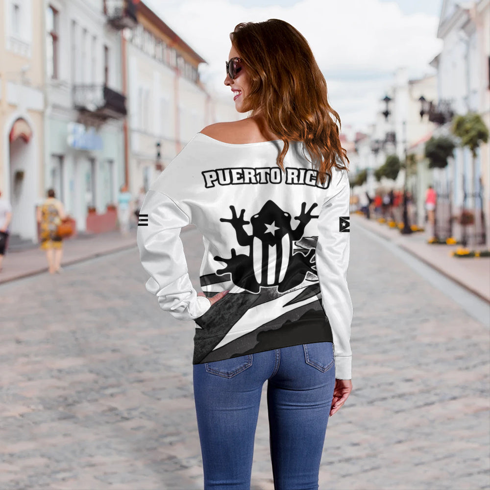 Puerto Rico Off Shoulder Sweatshirt Coqui Frog Puerto Rican Flag Tropical Floral Boricua Pride