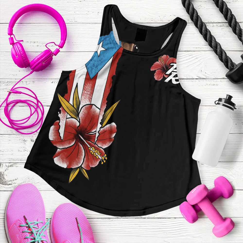 Puerto Rico Women Tank Black Puerto Rican Flag Hibiscus Floral Boricua Pride