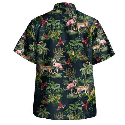 Safari Style Aloha Hawaiian Shirt Pink Flamingo Summer Green Tropic Palm Leaf