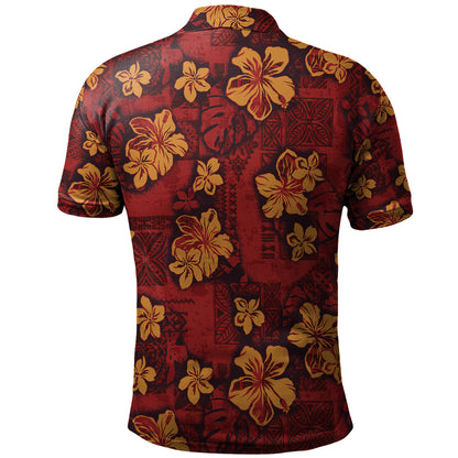 Hawaii Polo Shirt Polynesian Tribal And Hibiscus Vintage Red Gold