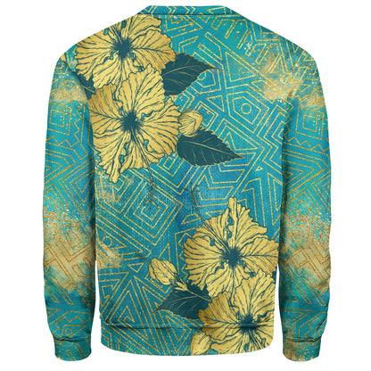 Hawaii Sweatshirt Golden Hibiscus Turquoise Color Tribal Pattern