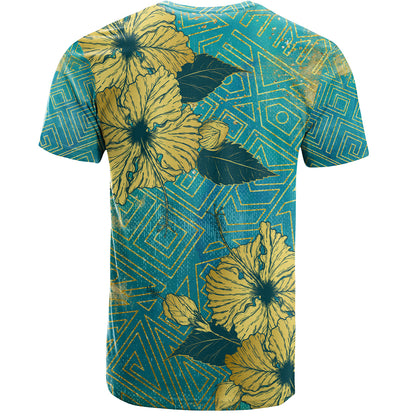 Hawaii T-Shirt Golden Hibiscus Turquoise Color Tribal Pattern