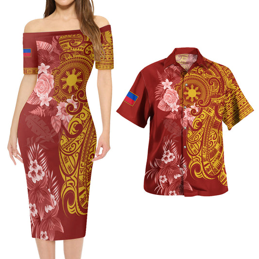 Philippines Filipinos Combo Short Sleeve Dress And Shirt Polynesian Tropical Plumeria Tribal Red