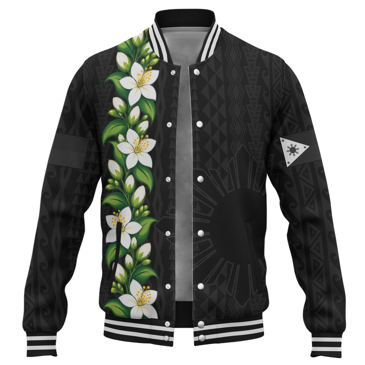 Philippines Filipinos Baseball Jacket Sampaguita Flower Tribal Polynesian Sun Island Style