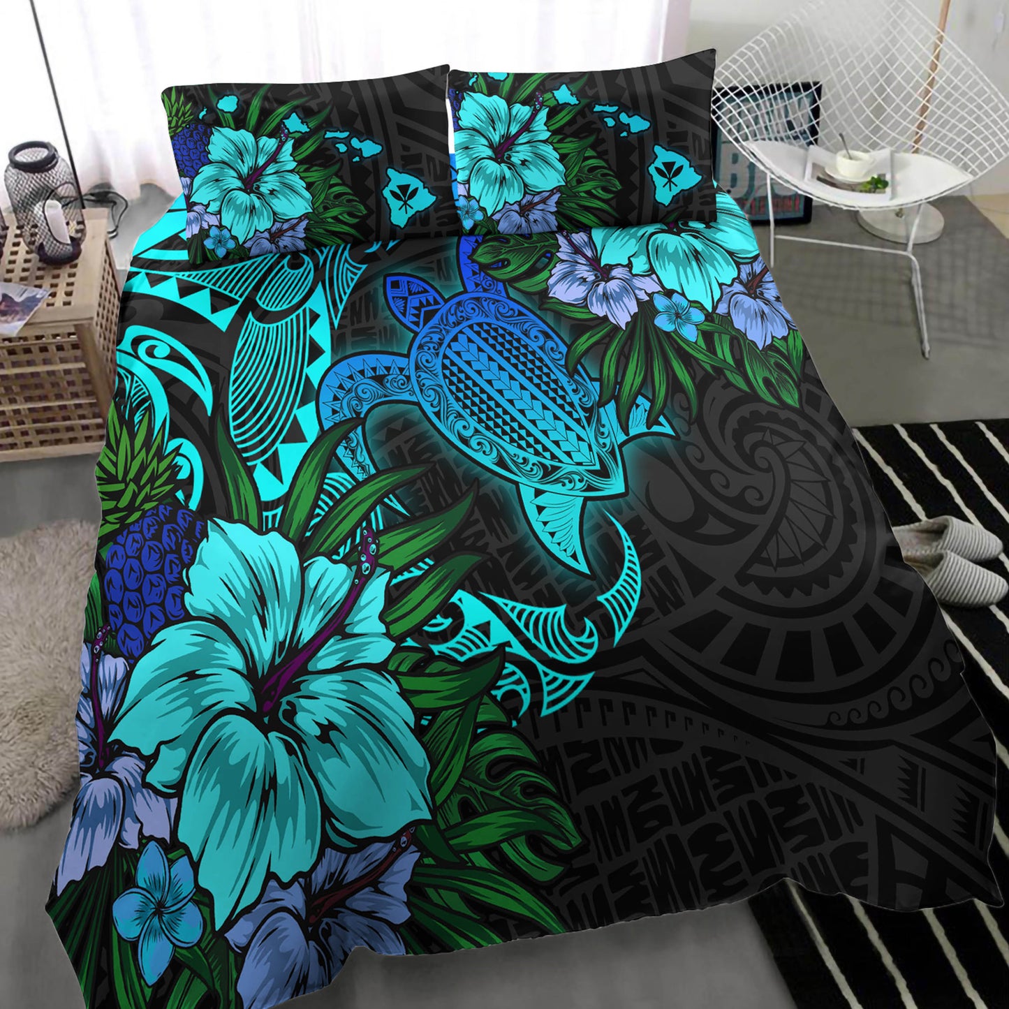 Hawaii Bedding Set - Hawaii Polynesian Turtle Tropical Blue Gardient Blue Bedding Set