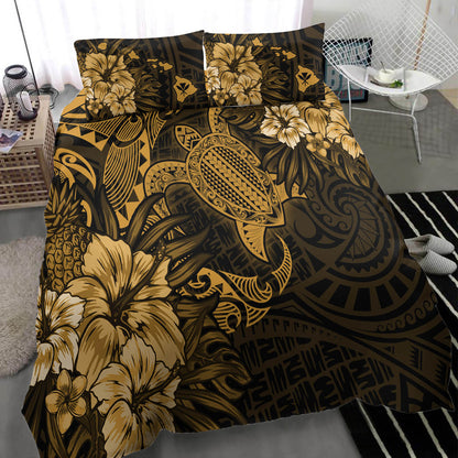 Hawaii Bedding Set - Hawaii Polynesian Turtle Tropical Golden Bedding Set