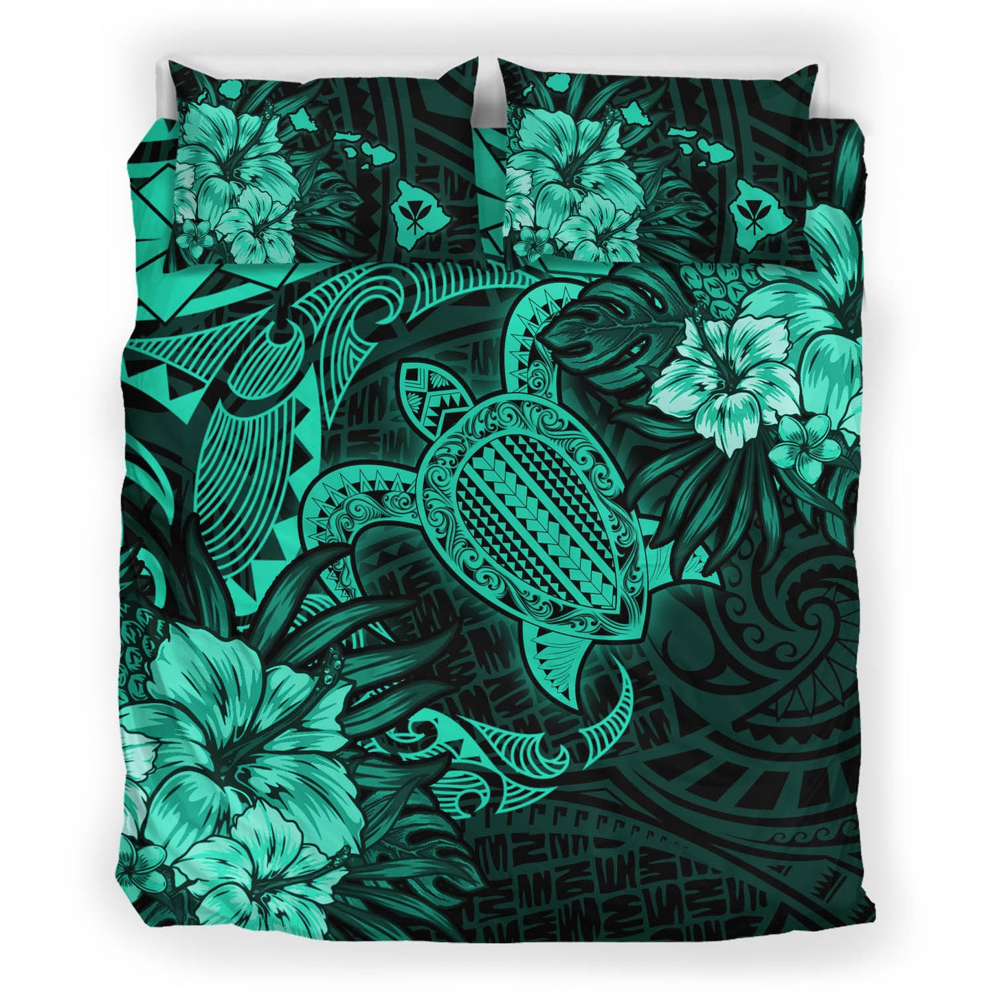 Hawaii Bedding Set - Hawaii Polynesian Turtle Tropical Patina Green Bedding Set