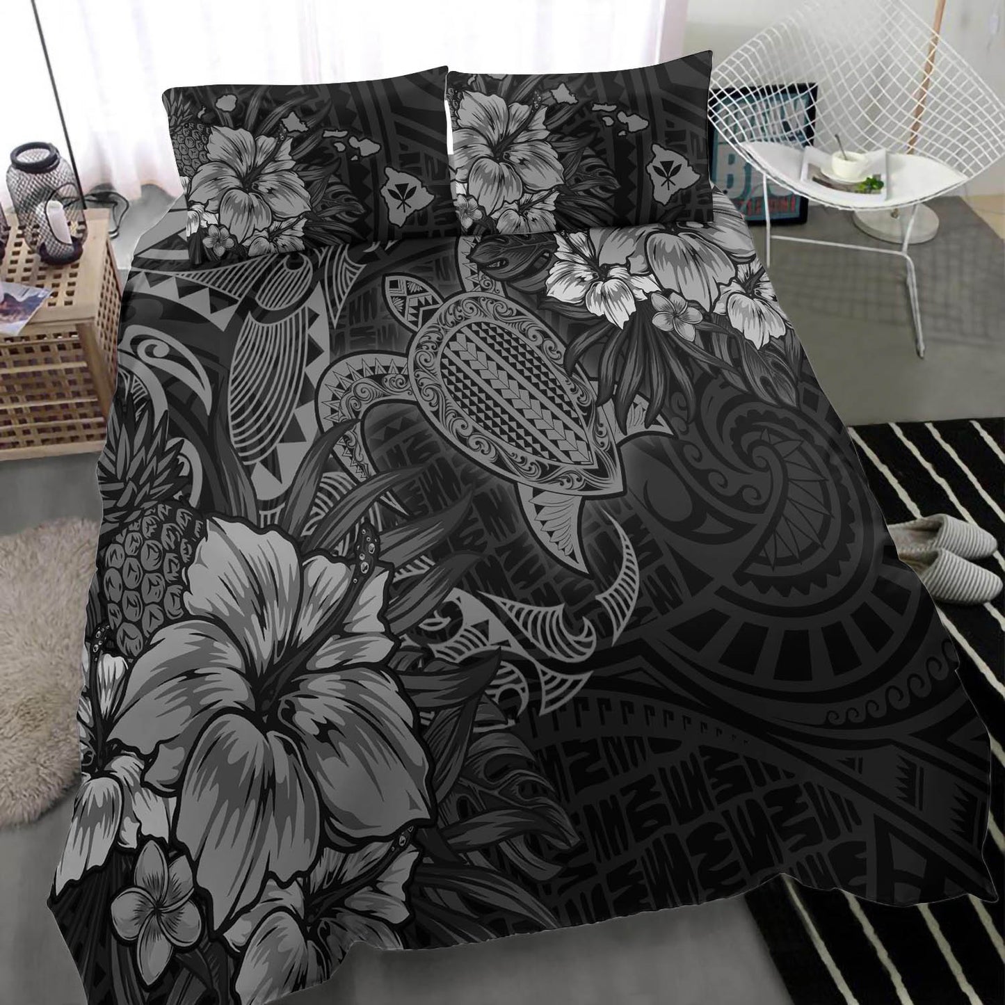 Hawaii Bedding Set - Hawaii Polynesian Turtle Tropical Grey Bedding Set