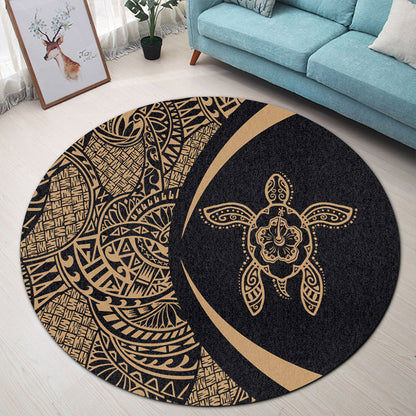Hawaii Round Rug Turtle Hibiscus Lauhala Black Gold Circle