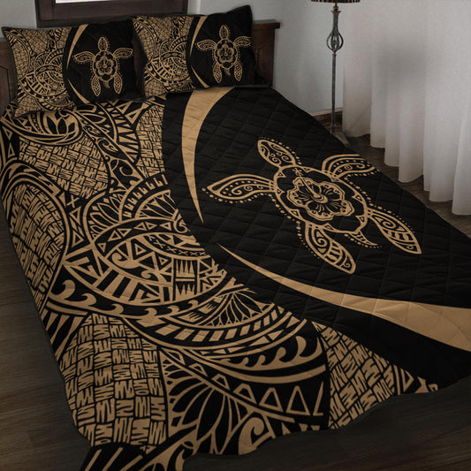 Hawaii Quilt Bed Set Turtle Hibiscus Lauhala Black Gold Circle