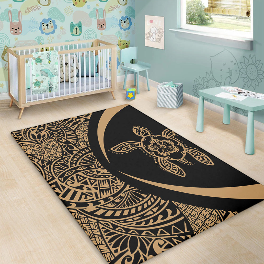 Hawaii Area Rug Turtle Hibiscus Lauhala Black Gold Circle