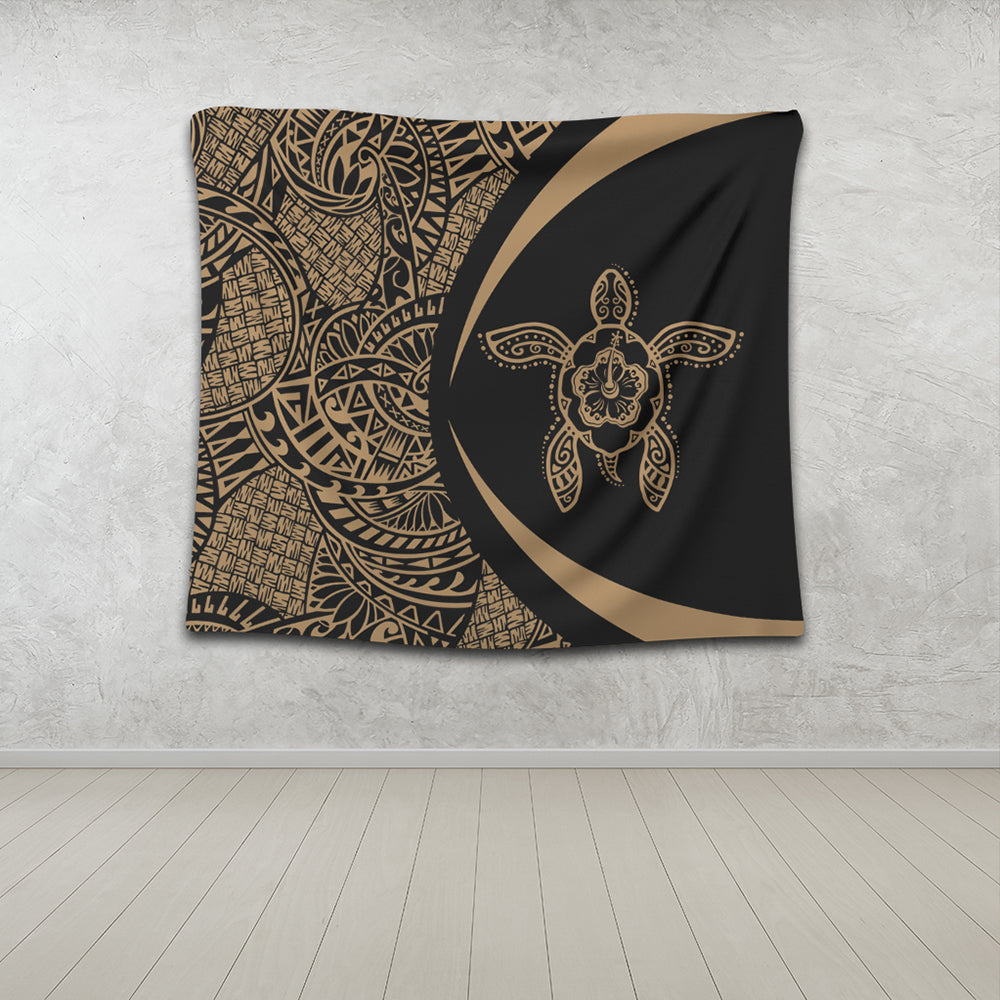 Hawaii Tapestry Turtle Hibiscus Lauhala Black Gold Circle