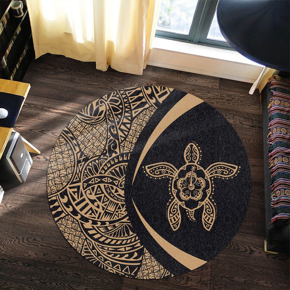 Hawaii Round Rug Turtle Hibiscus Lauhala Black Gold Circle