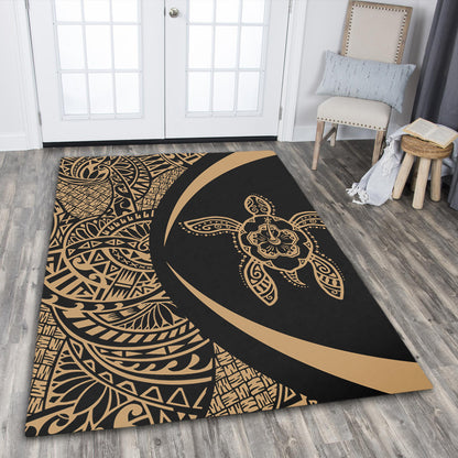 Hawaii Area Rug Turtle Hibiscus Lauhala Black Gold Circle