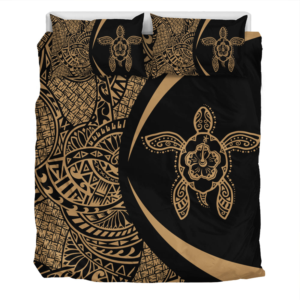 Hawaii Bedding Set Turtle Hibiscus Lauhala Black Gold Circle