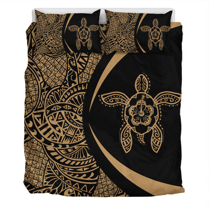 Hawaii Bedding Set Turtle Hibiscus Lauhala Black Gold Circle