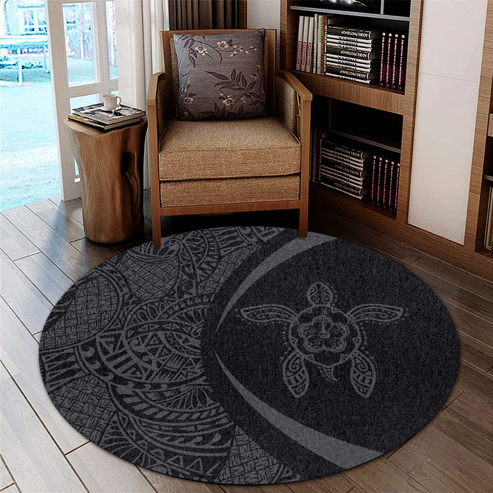 Hawaii Round Rug Turtle Hibiscus Lauhala Black Gray Circle