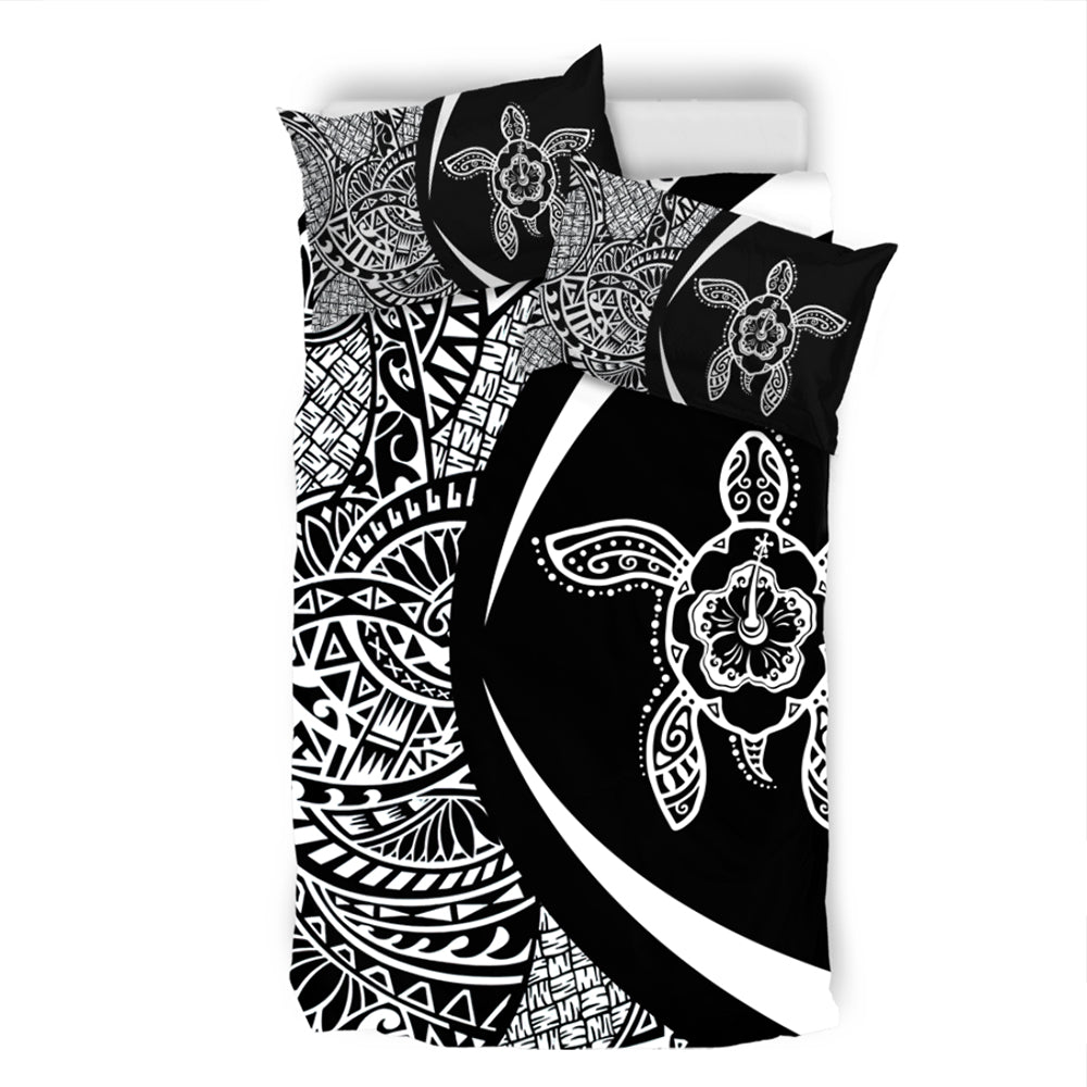 Hawaii Bedding Set Turtle Hibiscus Lauhala Black White Circle