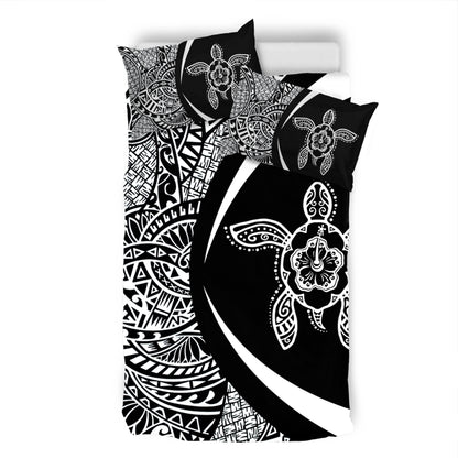 Hawaii Bedding Set Turtle Hibiscus Lauhala Black White Circle