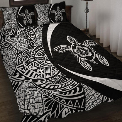 Hawaii Quilt Bed Set Turtle Hibiscus Lauhala Black White Circle