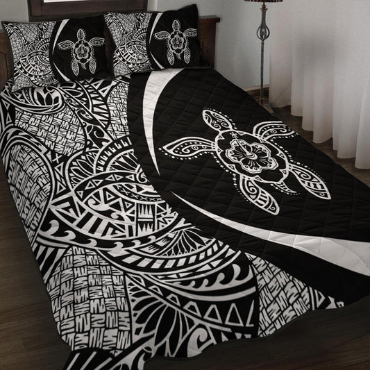 Hawaii Quilt Bed Set Turtle Hibiscus Lauhala Black White Circle