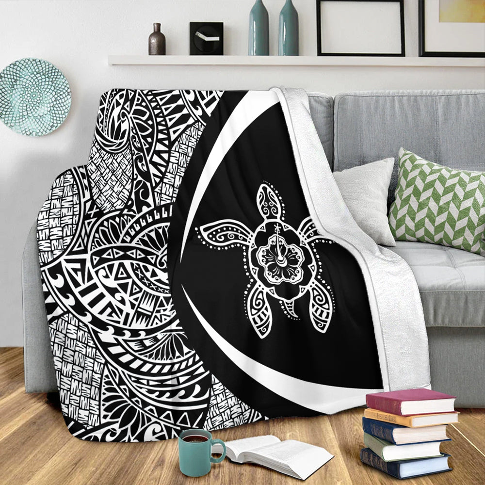 Hawaii Premium Blanket Turtle Hibiscus Lauhala Black White Circle