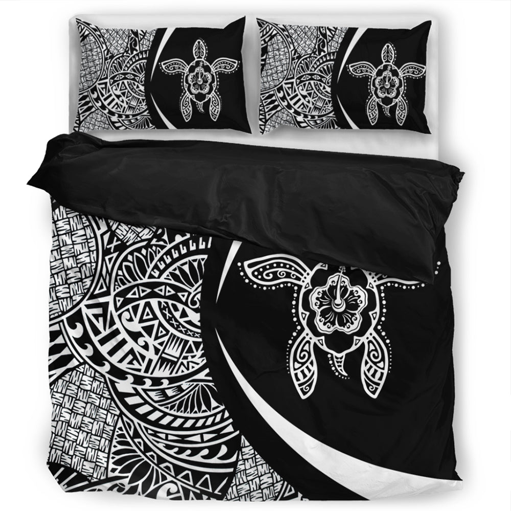Hawaii Bedding Set Turtle Hibiscus Lauhala Black White Circle