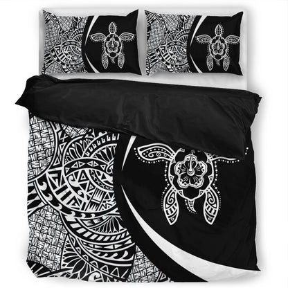 Hawaii Bedding Set Turtle Hibiscus Lauhala Black White Circle