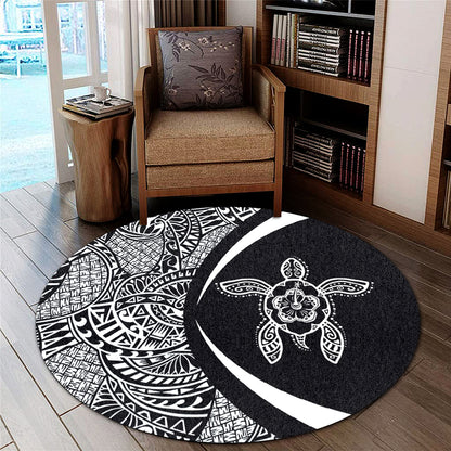 Hawaii Round Rug Turtle Hibiscus Lauhala Black White Circle