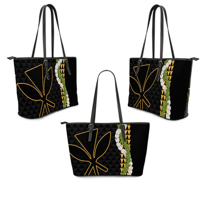 Hawaii Leather Tote Bag Kanaka Maoli Puakenikeni Maile Flower Lei
