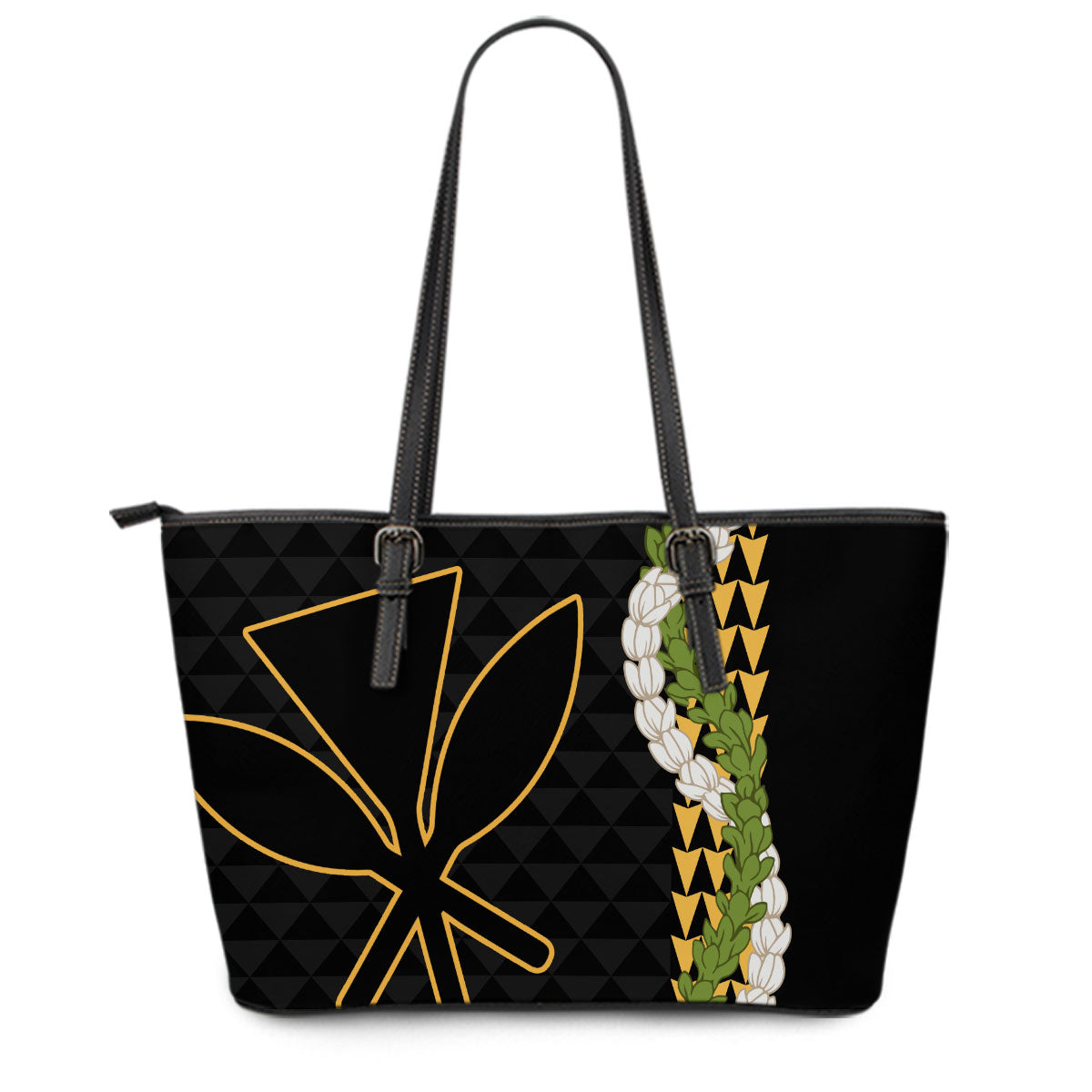 Hawaii Leather Tote Bag Kanaka Maoli Puakenikeni Maile Flower Lei