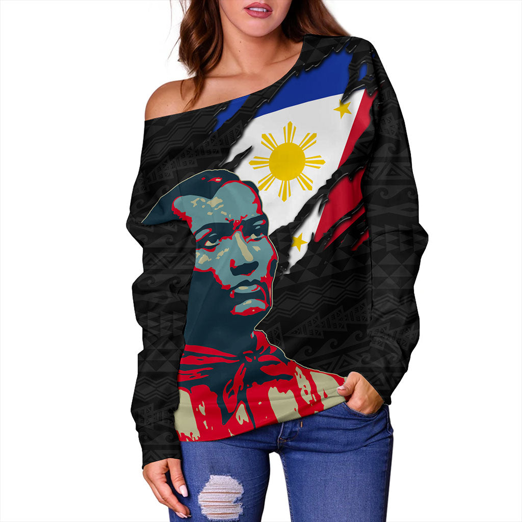 Philippines Filipinos Off Shoulder Sweatshirt Bonifacio Day Tribal Crack Style