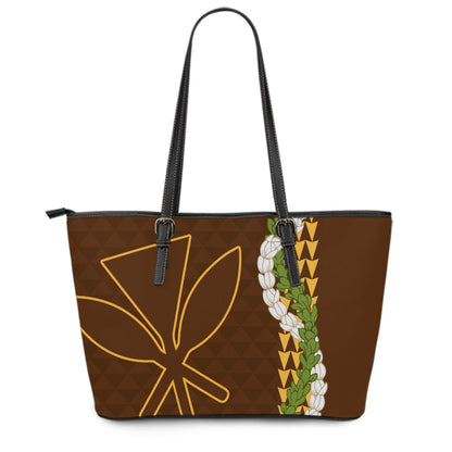 Hawaii Leather Tote Bag Kanaka Maoli Puakenikeni Maile Flower Lei
