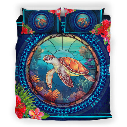 Hawaii Bedding Set Polynesian Patterns Turtle Mascot WaterColor Style