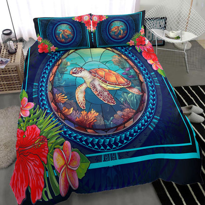Hawaii Bedding Set Polynesian Patterns Turtle Mascot WaterColor Style