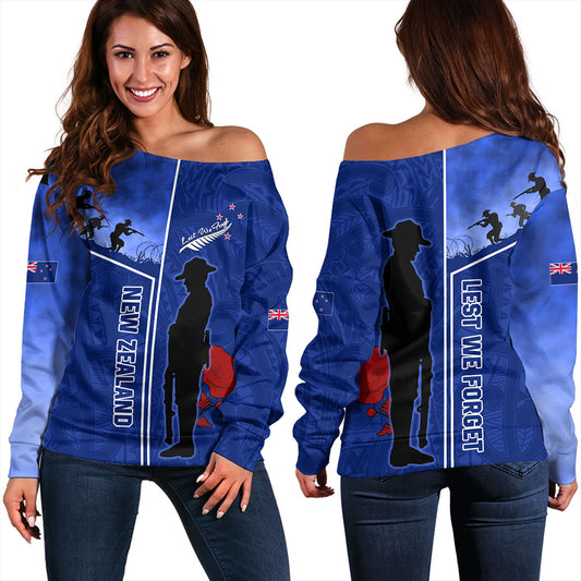 New Zealand Off Shoulder Sweatshirt Anzac Day Lest We Forget Poppy