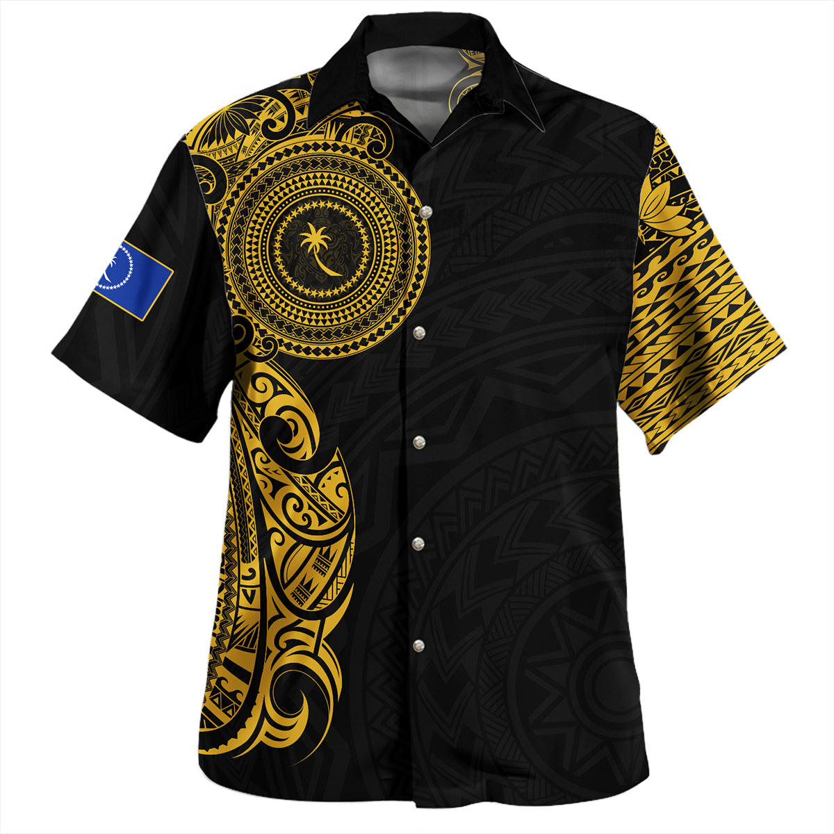 Chuuk State Hawaiian Shirt Custom Polynesian Half Sleeve Gold Tattoo With Seal Black