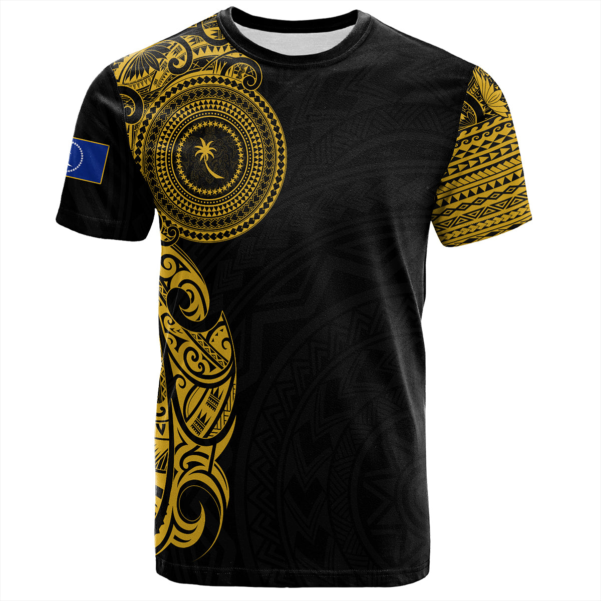 Chuuk State T-Shirt Custom Polynesian Half Sleeve Gold Tattoo With Seal Black