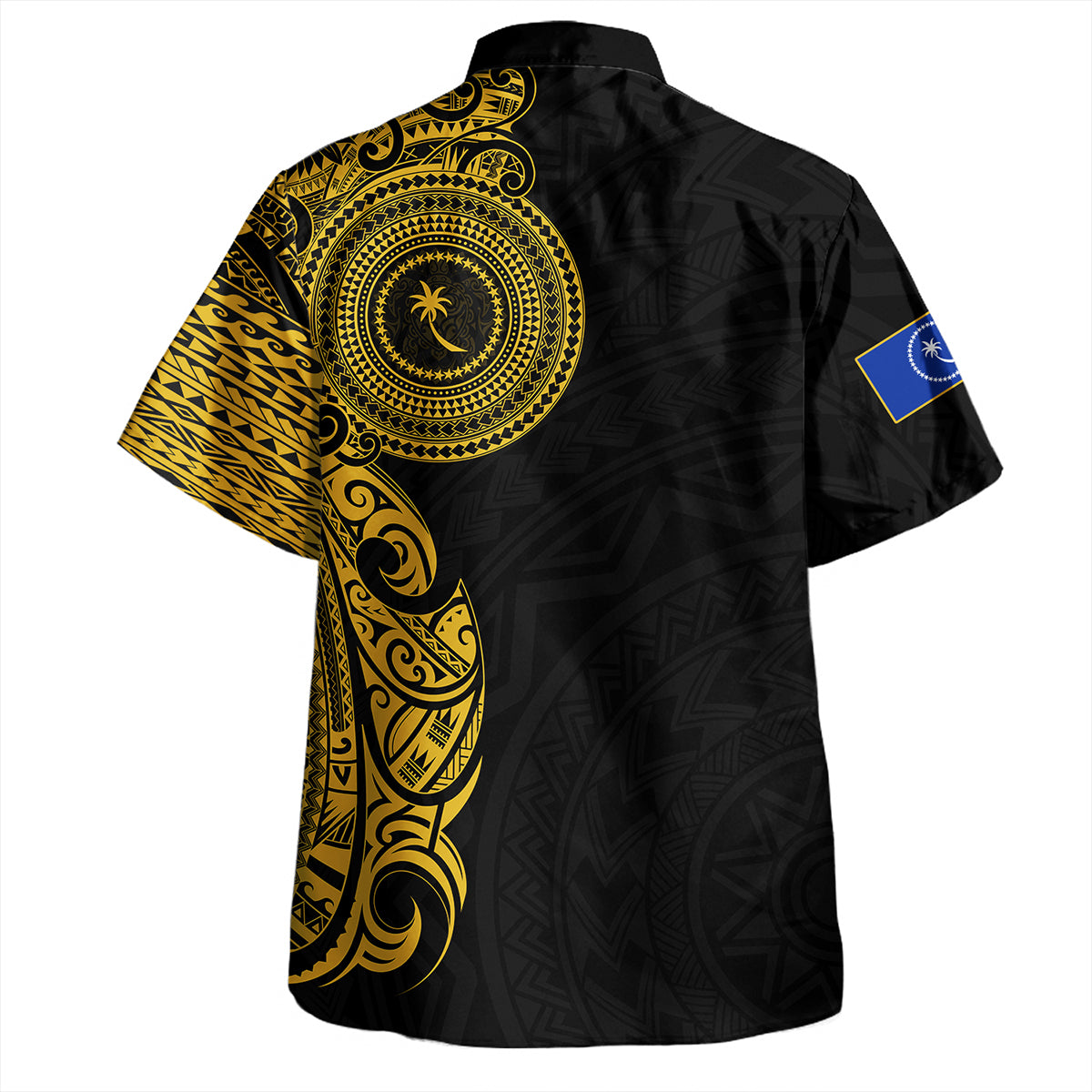 Chuuk State Hawaiian Shirt Custom Polynesian Half Sleeve Gold Tattoo With Seal Black