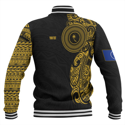 Chuuk State Baseball Jacket Custom Polynesian Half Sleeve Gold Tattoo With Seal Black