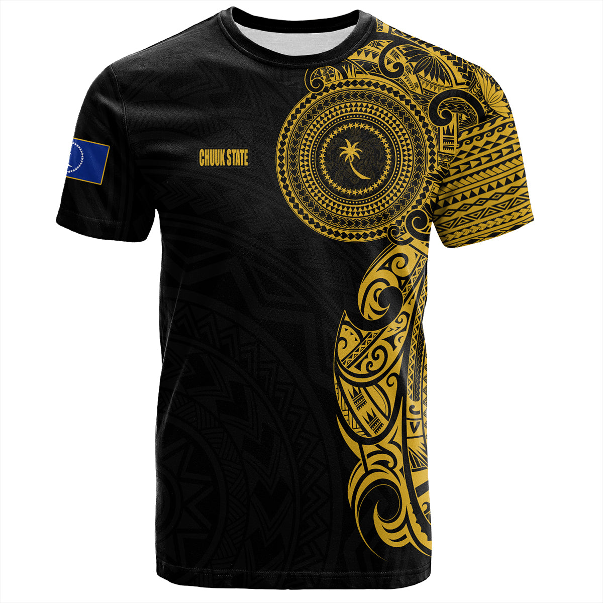 Chuuk State T-Shirt Custom Polynesian Half Sleeve Gold Tattoo With Seal Black