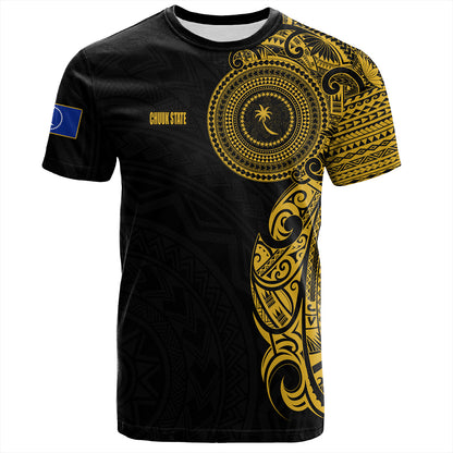 Chuuk State T-Shirt Custom Polynesian Half Sleeve Gold Tattoo With Seal Black