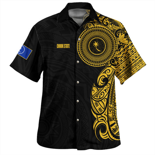 Chuuk State Hawaiian Shirt Custom Polynesian Half Sleeve Gold Tattoo With Seal Black