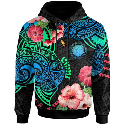 Northern Mariana Islands Hoodie Polynesian Pattern with Hibicus Flowers