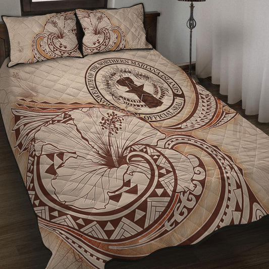 Northern Mariana Islands Quilt Bed Set Hibiscus Flower Vintage Style