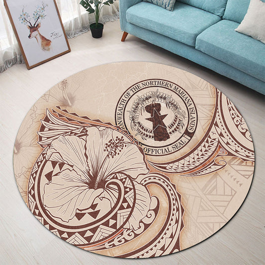 Northern Mariana Islands Round Rug Hibiscus Flower Vintage Style
