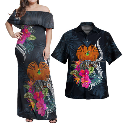 Papua New Guinea Combo Off Shoulder Long Dress And Shirt Tropical Flower