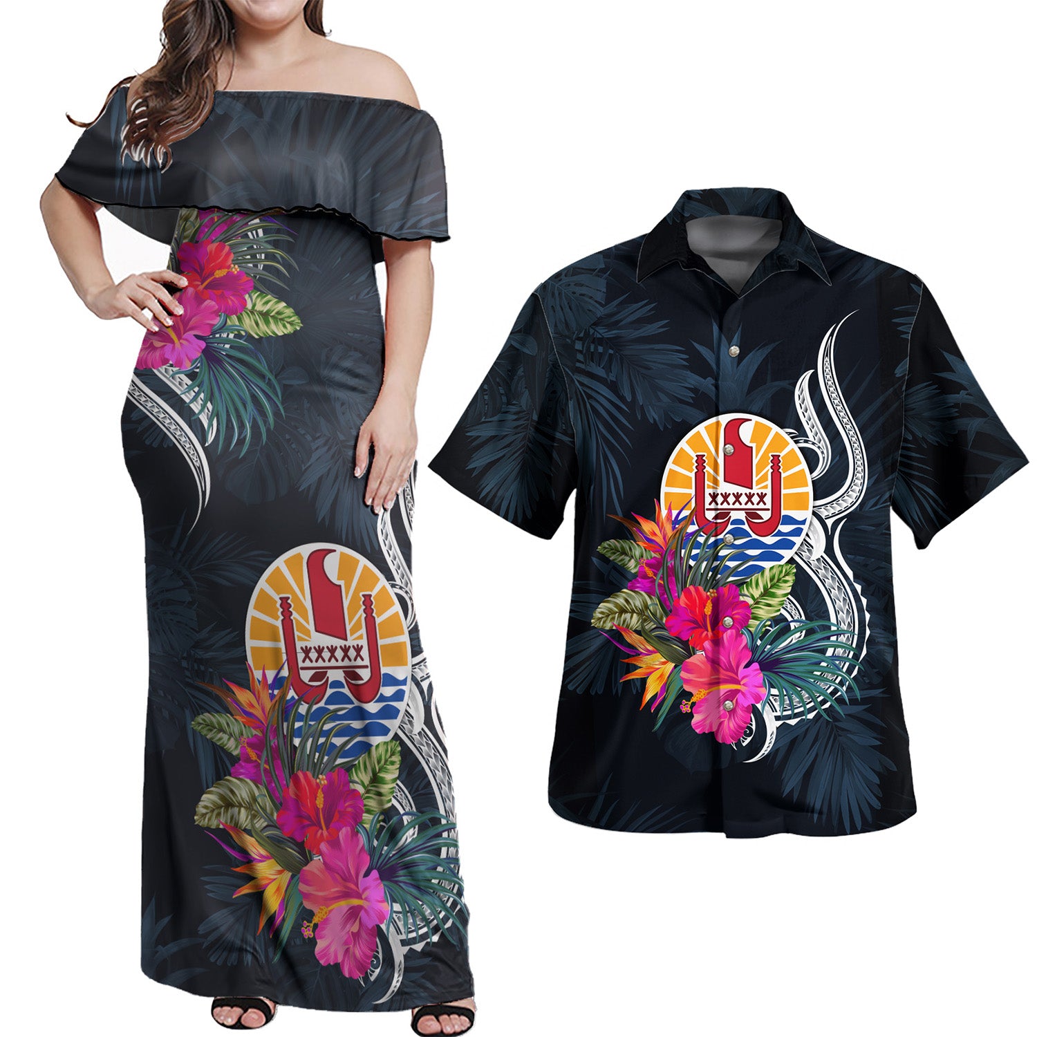 Tahiti Combo Off Shoulder Long Dress And Shirt Tropical Flower